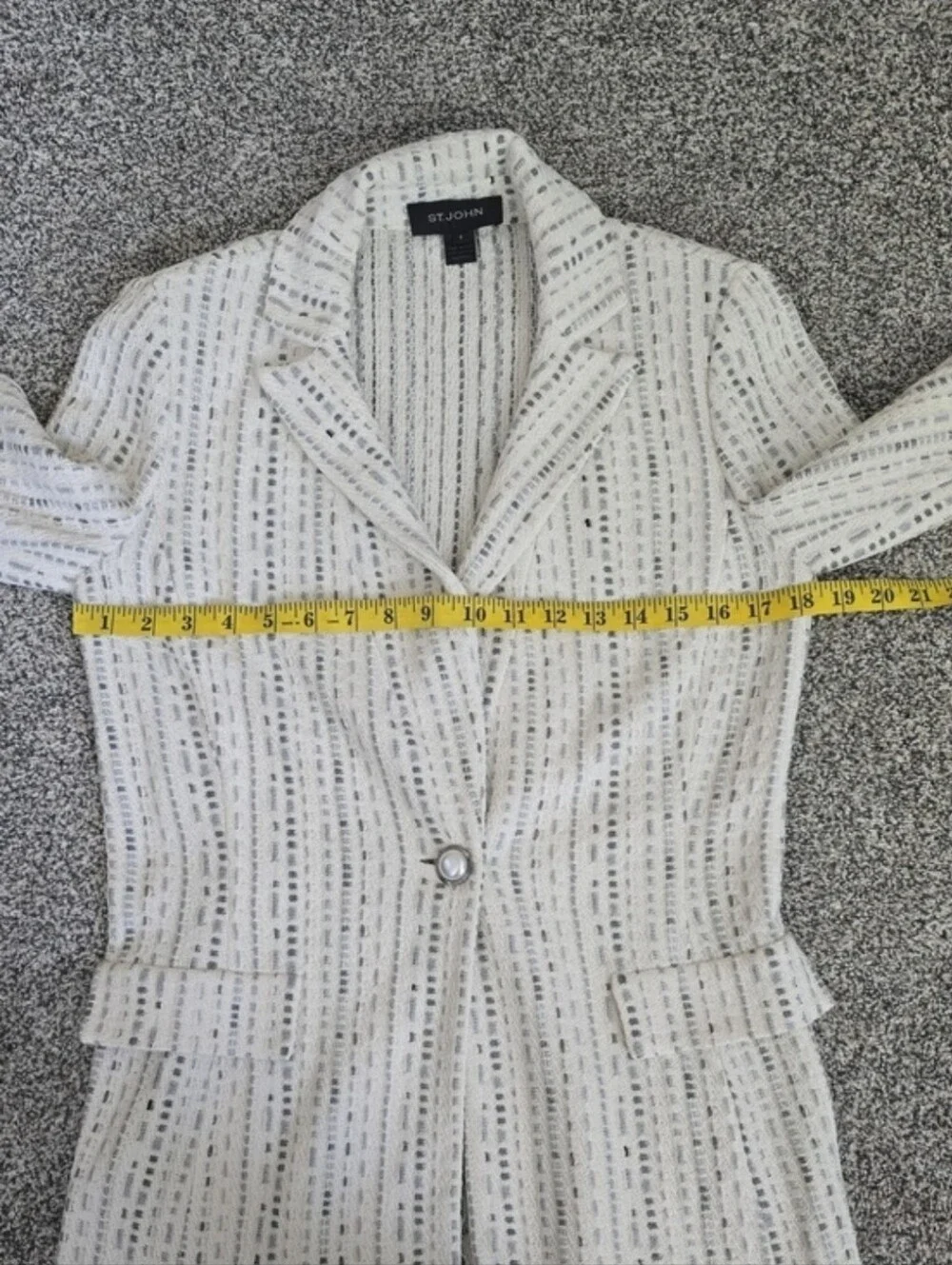 St. John Collection Metallic Knit 2pc Dress Jacket Set Gray Ivory Size 6